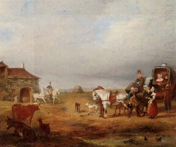 An open landscape with a horse and carriage halted beside a pond,with anmals and innnearby, unknow artist